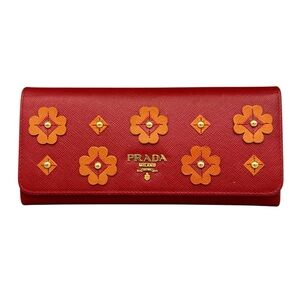 Prada Red Saffiano Floral Applique Continental Wallet Studded